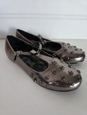 Abbey Dawn Avril Lavigne Tough Crowd T Bar Flat Skull Goth Shoes Pewter Size 6